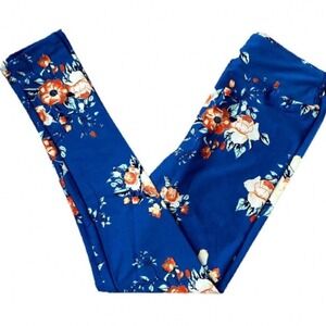 LuLaRoe Womens Leggings Size TC Floral Blue Orange White Tall & Curvy NWT
